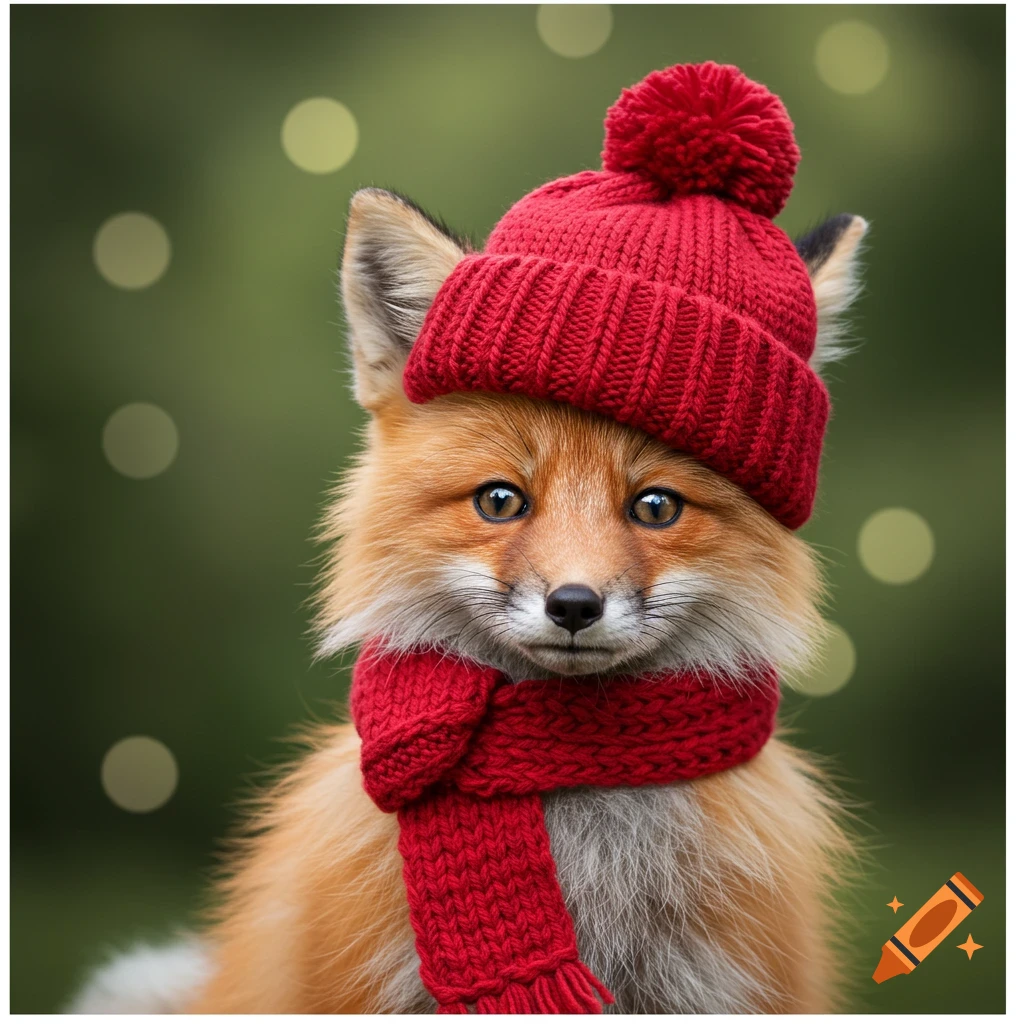 A cute red fox wearing a red knit beanie with a pom-pom and a red scarf, looking at the viewer, with a blurry green background and bokeh lights.