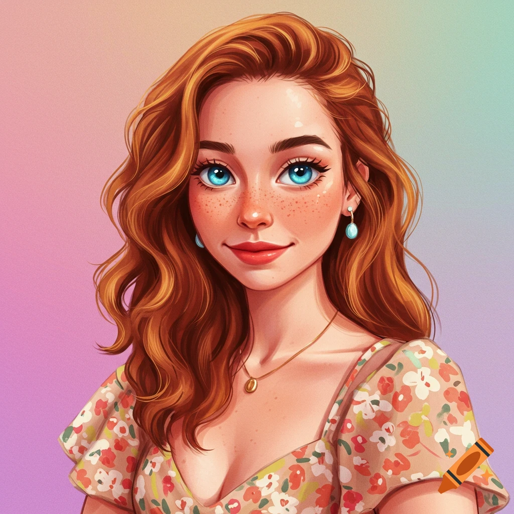 A woman with red hair, blue eyes, freckles, and a floral dress.