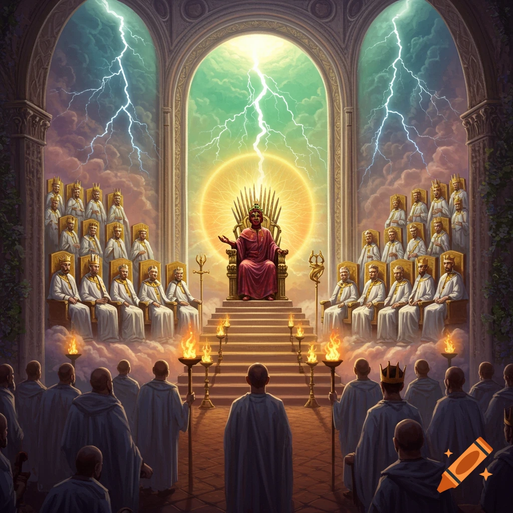 A central figure on a grand throne is surrounded by robed elders on many thrones, under a sky with lightning.