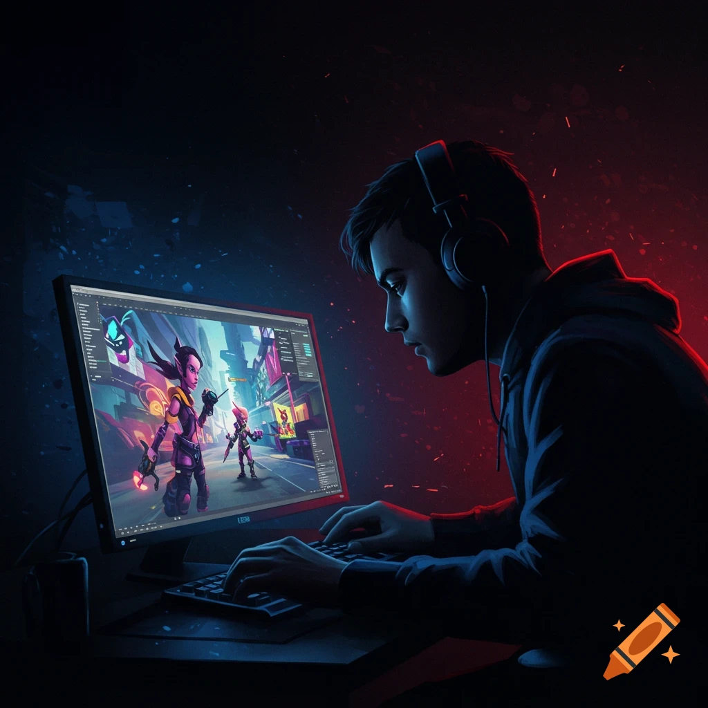 A person in headphones gaming at a computer with a large monitor displaying vibrant digital art.