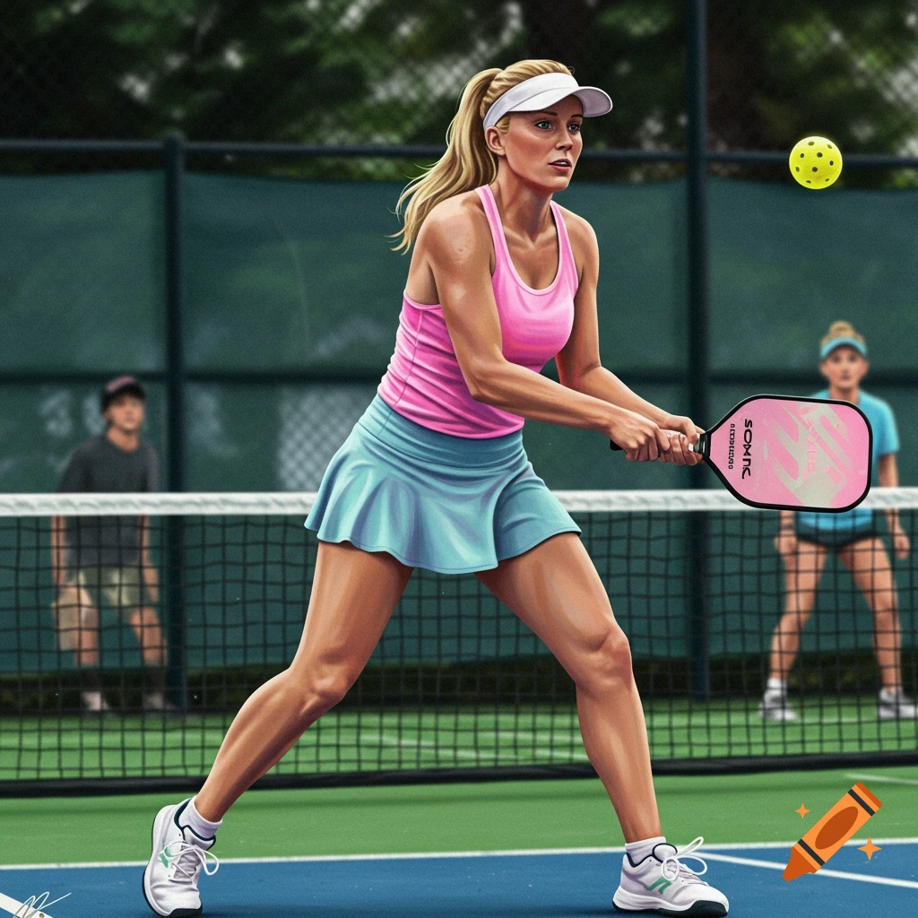 A blonde woman is playing pickleball on a court.