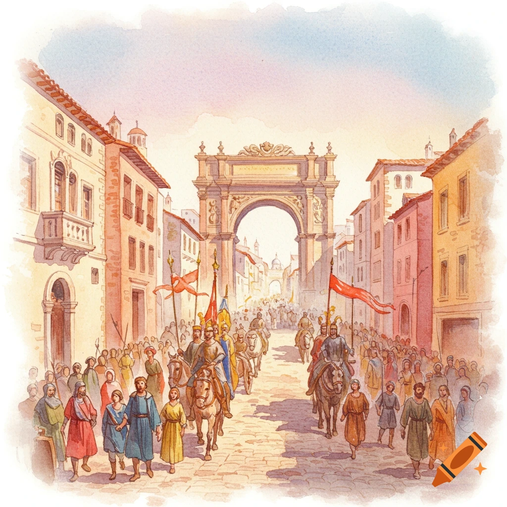 Watercolor illustration of a historical procession entering a city through a large archway.