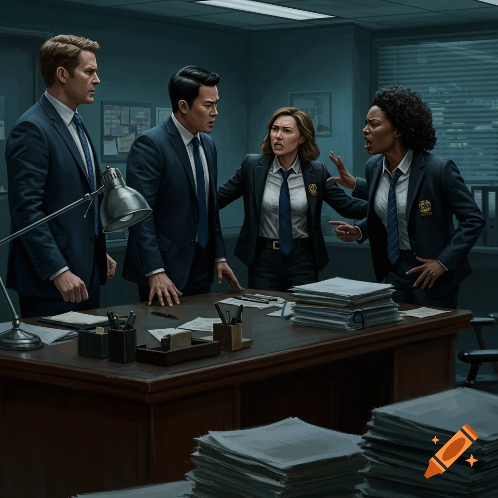 Government agents arguing in an office