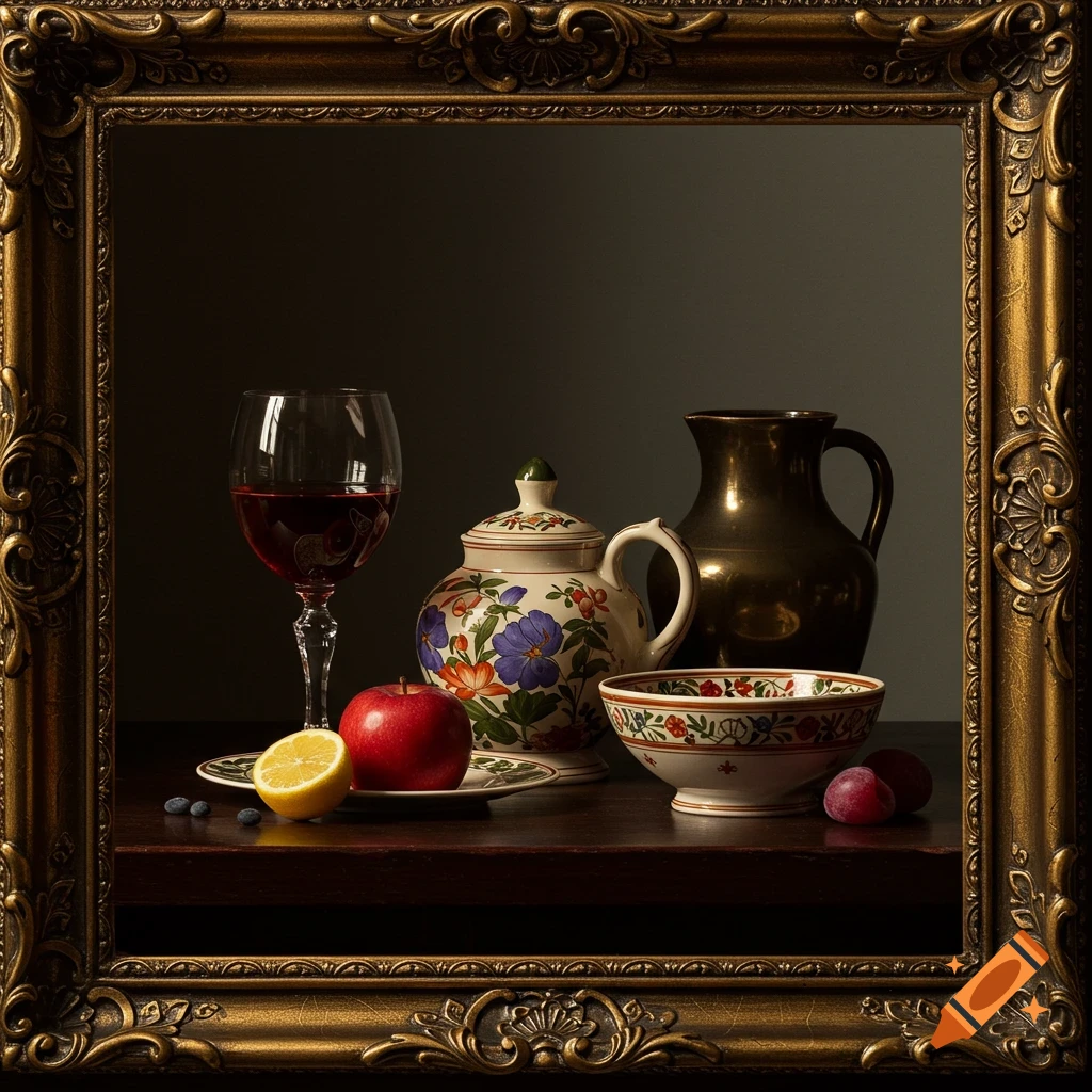 Still life painting in a frame featuring a glass of wine, fruit, and pottery.