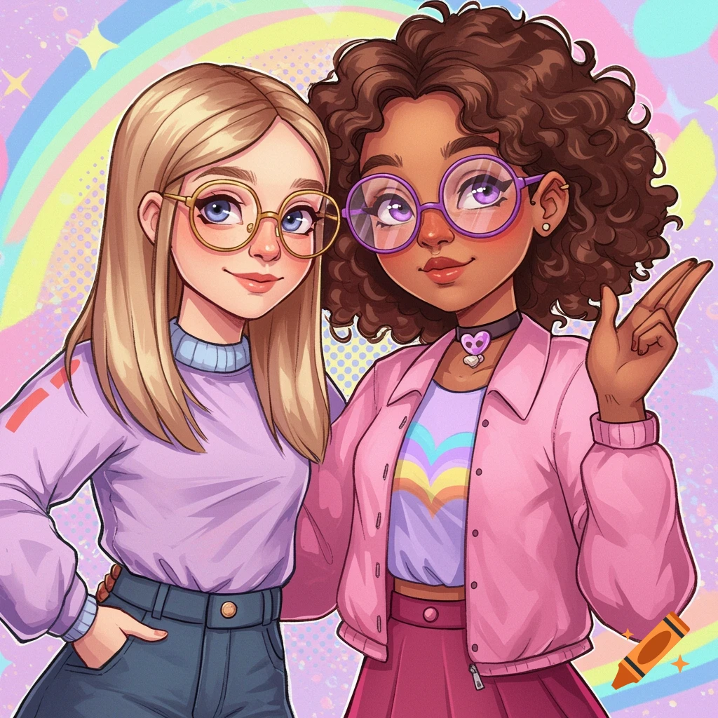 A stylized digital illustration of two girls, one blonde and one with curly brown hair, wearing glasses and colorful clothes, posing together in front of a vibrant, abstract background with a rainbow.