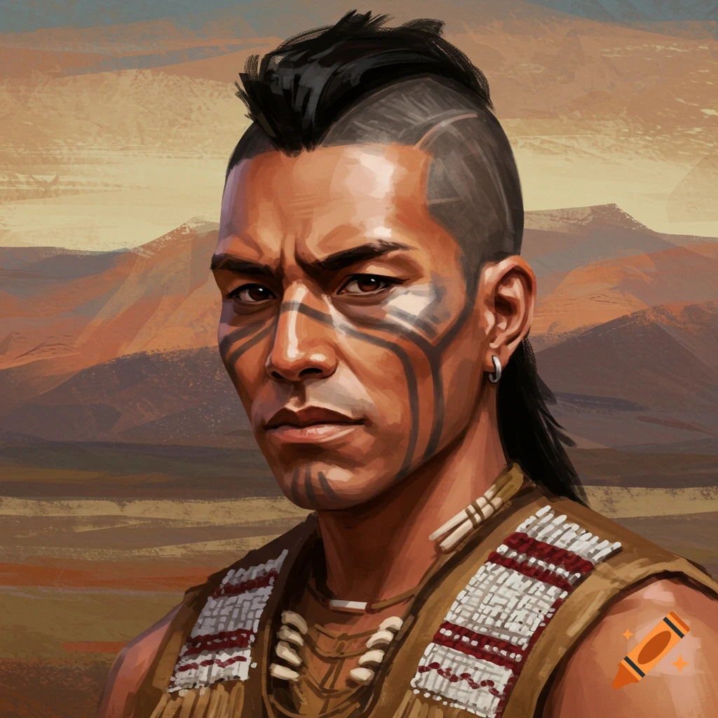 An indigenous man with face paint and a mohawk haircut looking fierce, against a desert landscape.
