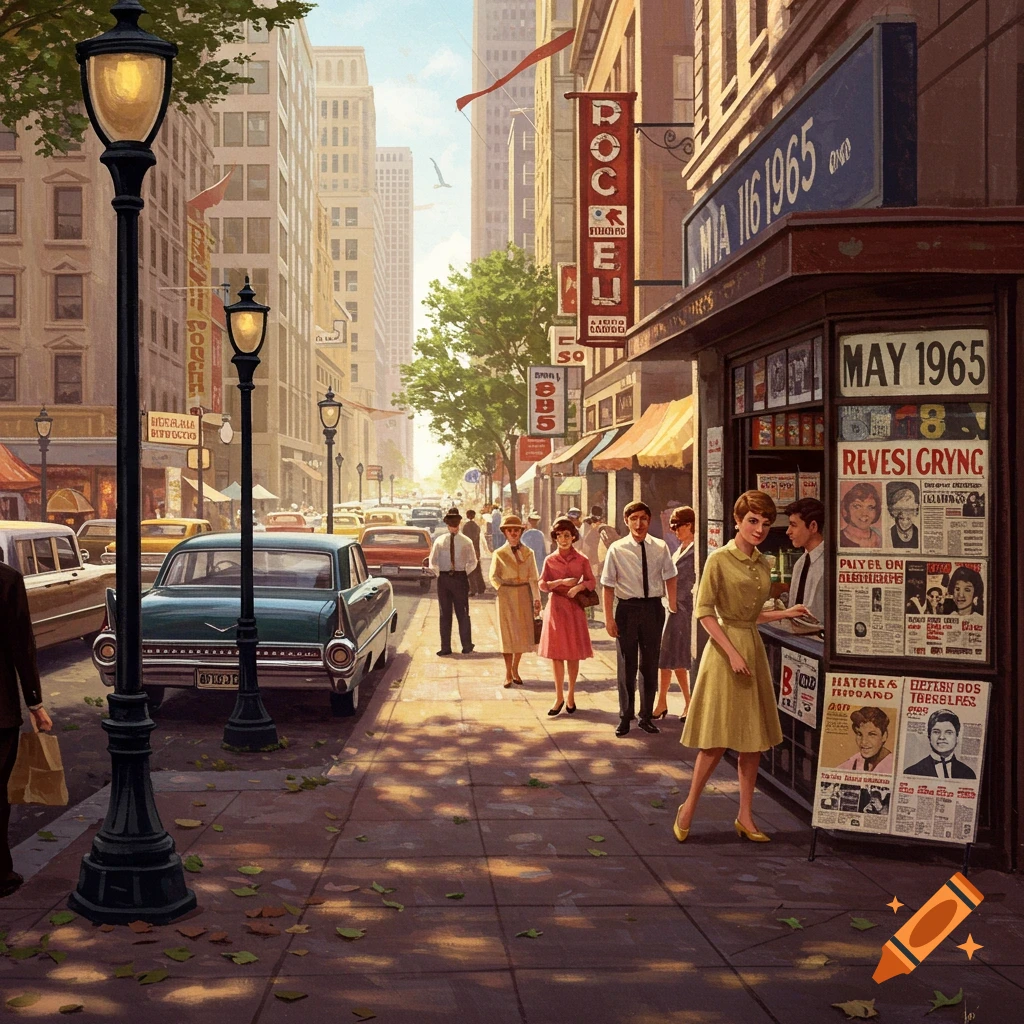 A bustling city street scene with vintage cars and people in 1965.