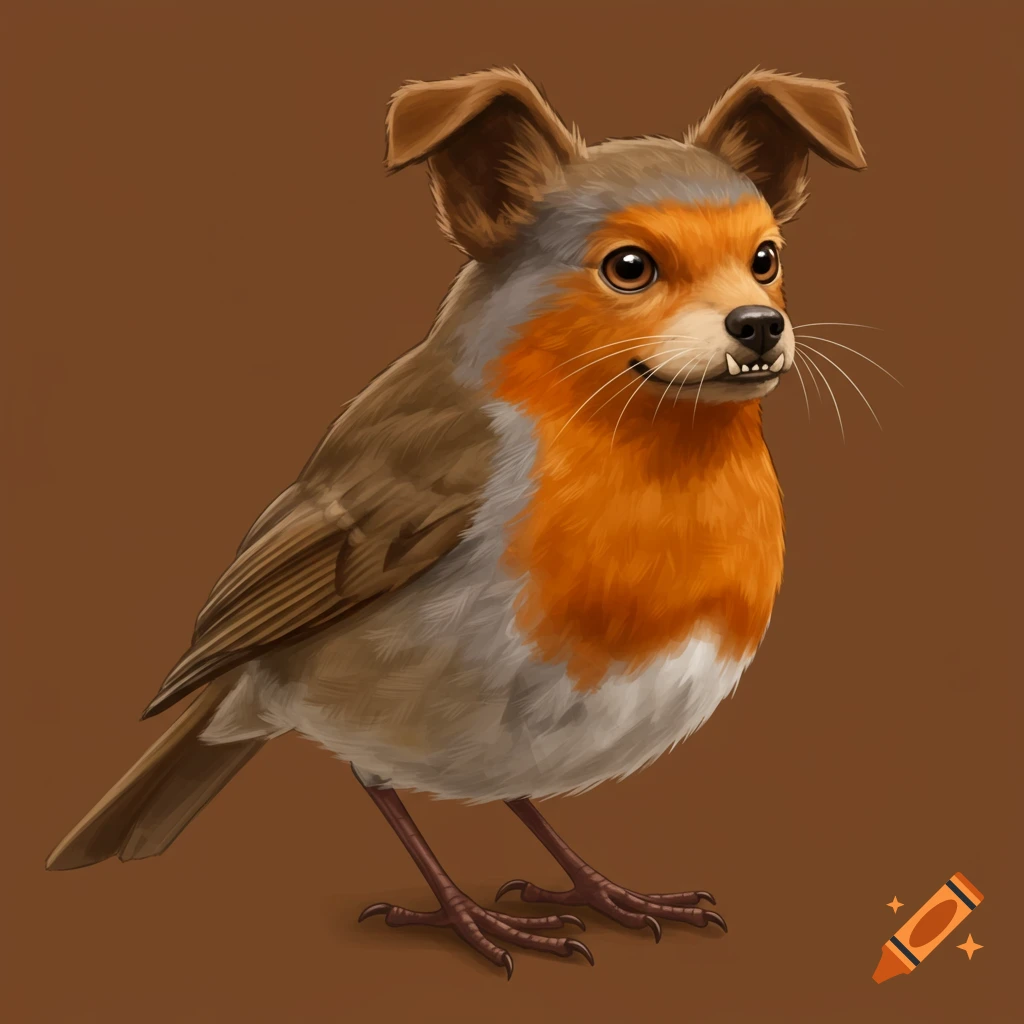 A robin with a dog's head and ears.