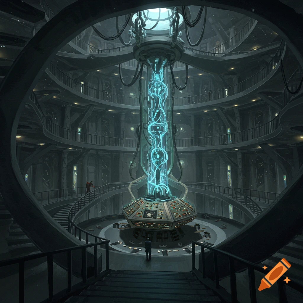 A vast, multi-level sci-fi chamber with a glowing central energy core and console.