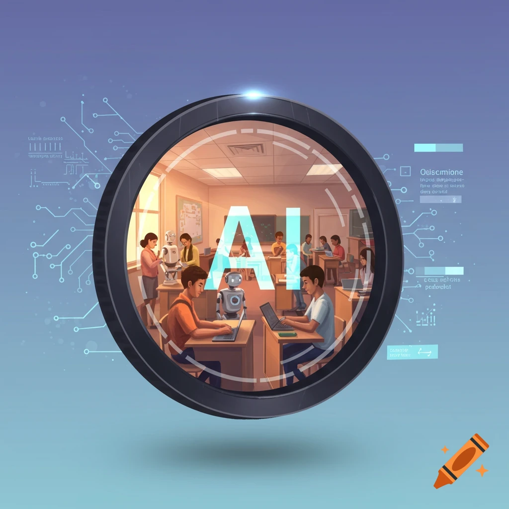A lens labeled AI views a classroom scene with students and robots with circuit board elements.