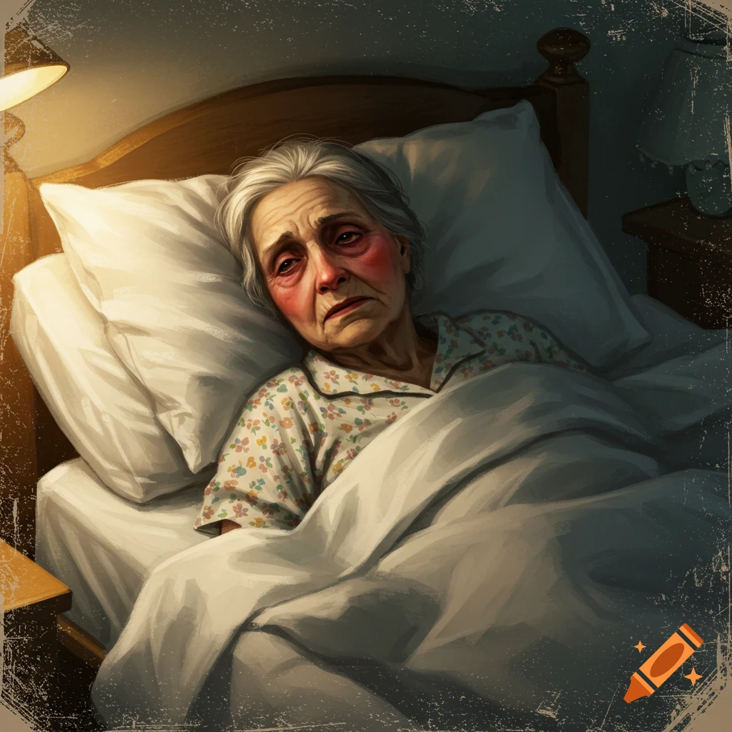 An elderly woman looks sick while lying in bed.