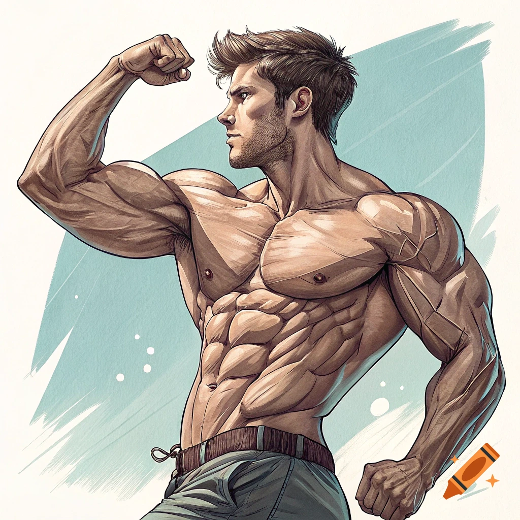 Illustration of a very muscular man flexing his bicep.