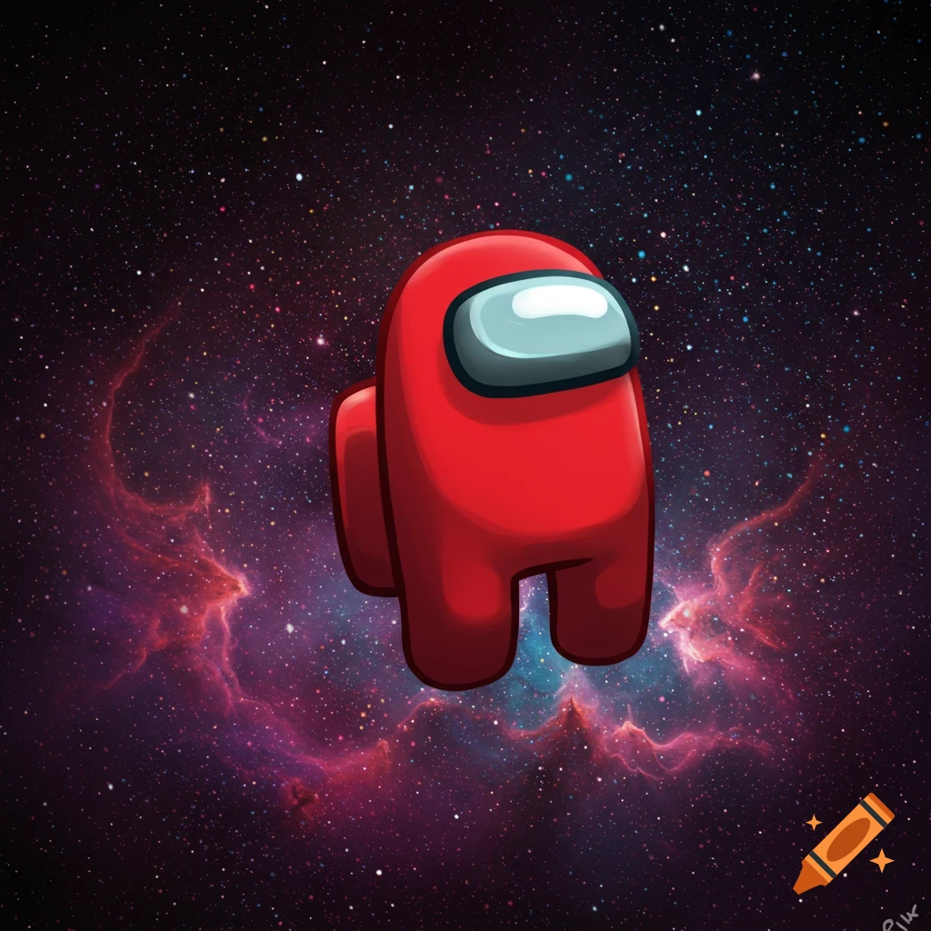 A red Among Us character floats in space against a nebula background.