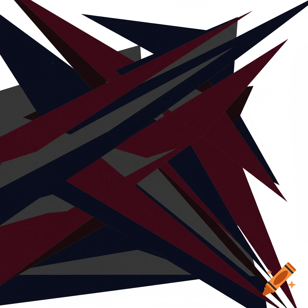 Abstract with sharp overlapping shapes in navy, maroon, and grey.