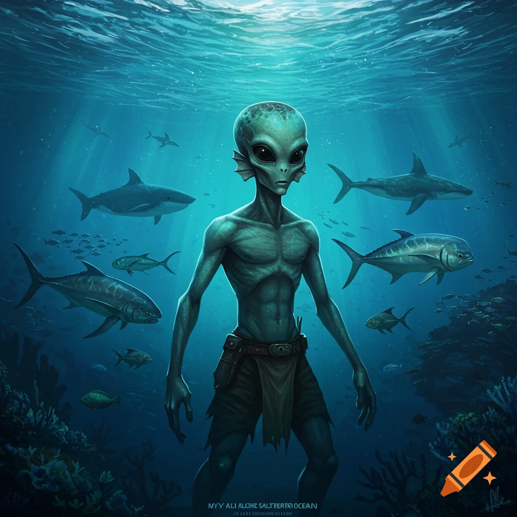 A teal-skinned alien creature stands underwater, surrounded by sharks and fish.