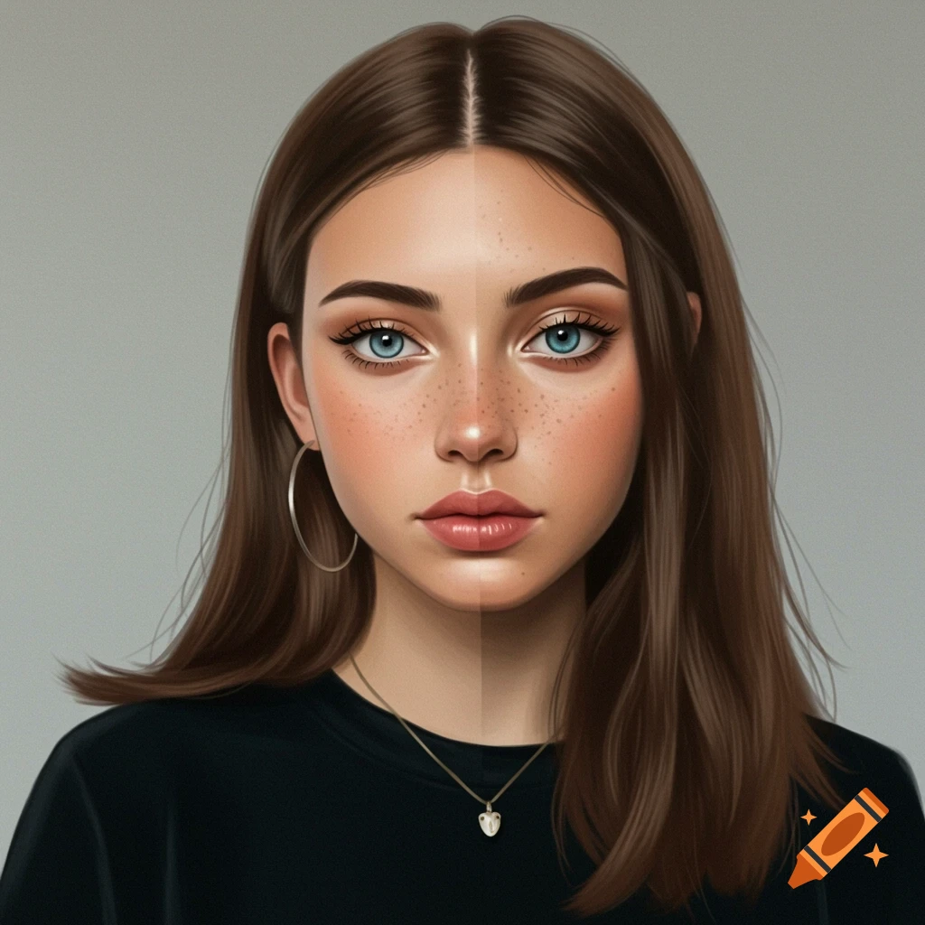 Portrait of a girl with brown hair, blue eyes, and freckles.