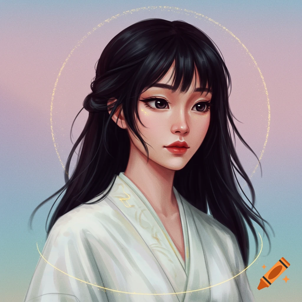Portrait of a woman with dark hair, white robe, and gold halo effect.