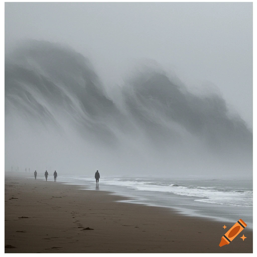 Silhouettes of people walking on a foggy beach as waves roll in.