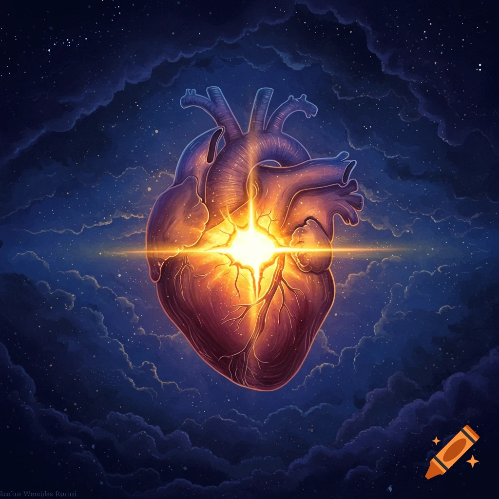 A human heart glowing brightly amidst stars and clouds.