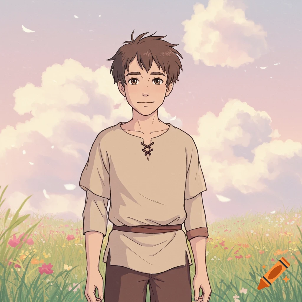 Anime illustration of a young boy standing in a field of flowers under a cloudy sky.