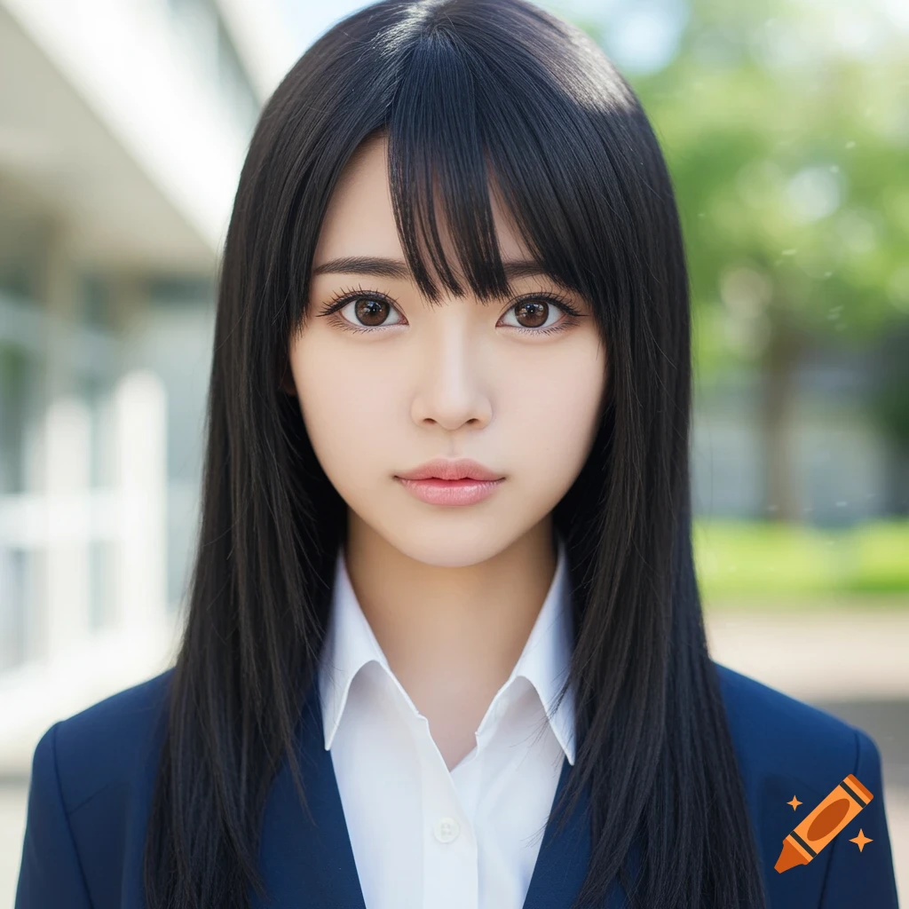 A photorealistic portrait of a young woman with long dark hair in a white shirt and blue blazer.