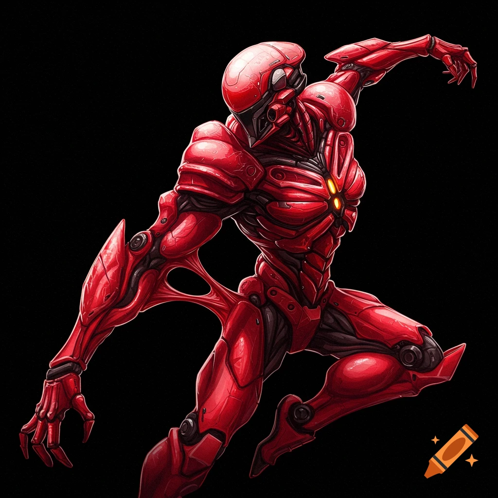 Red robot armor in a dynamic pose against black background.