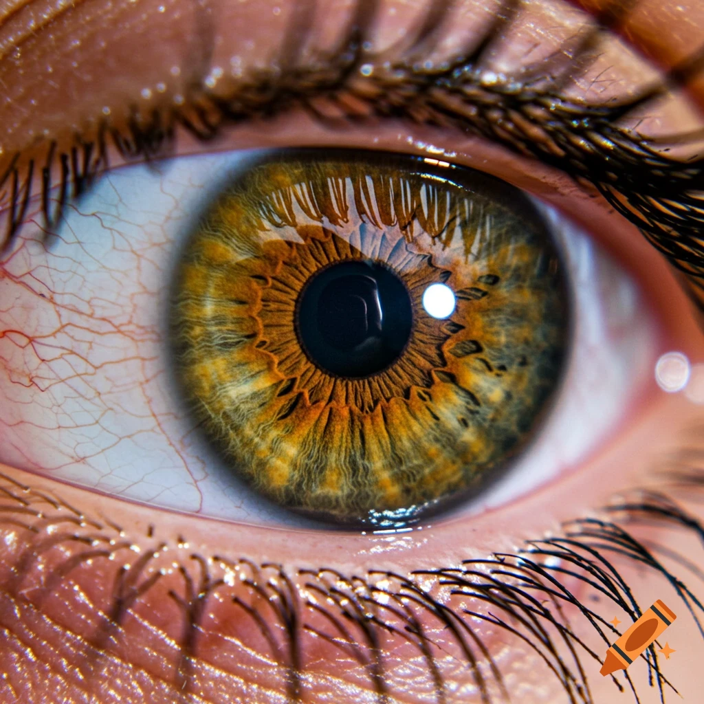 Extreme close-up photo of a hazel colored human eye with detailed iris texture and visible veins.