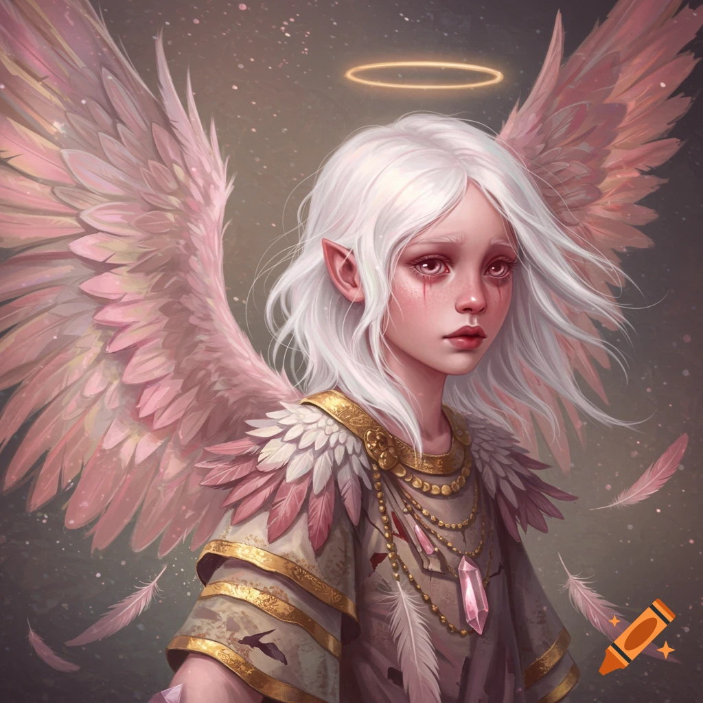 A white-haired fallen angel with large pink wings and a halo.