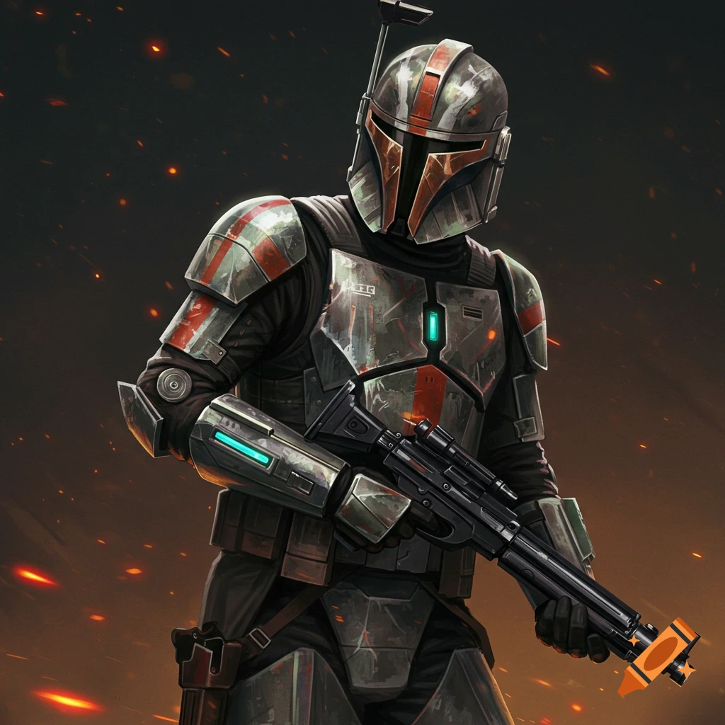A mercenary in grey and red segmented armor holds a rifle. Orange sparks fly in the dark background.