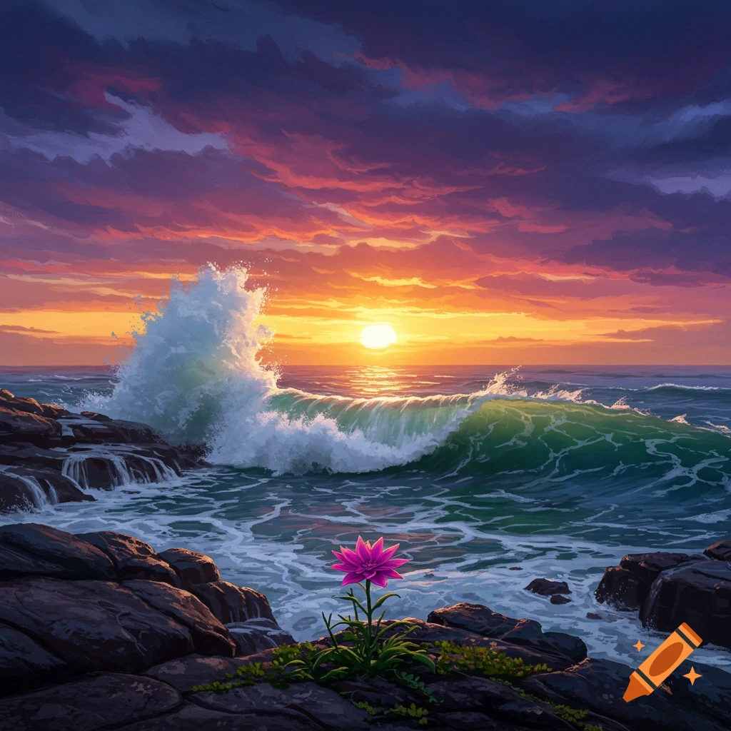 A wave crashes on rocks at sunset with a single pink flower in the foreground.