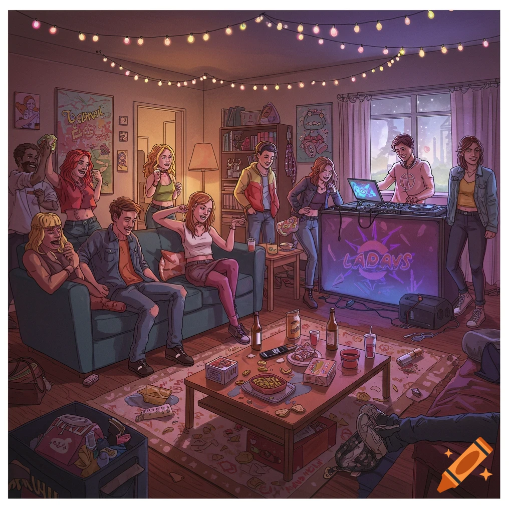 A house party with people gathered around a couch, coffee table with snacks, and a DJ setup with lights.