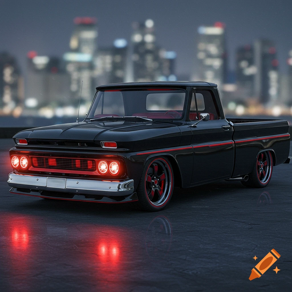 A black 1966 C10 stepside truck with red accents and glowing lights, parked at night with a city background.