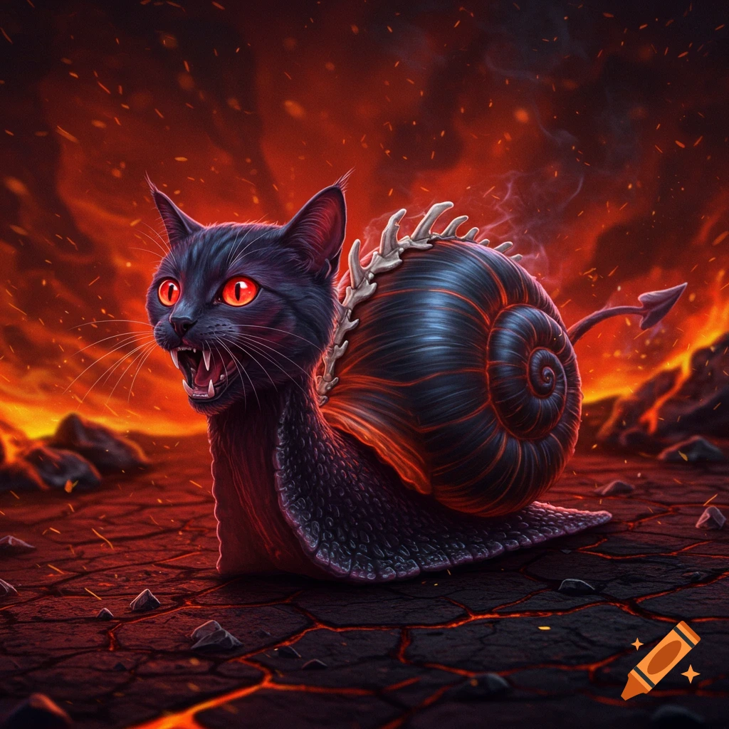 A black cat head merged with a dark, veined snail shell, with red eyes and a devil tail, sits on cracked ground with lava in a fiery hellscape.