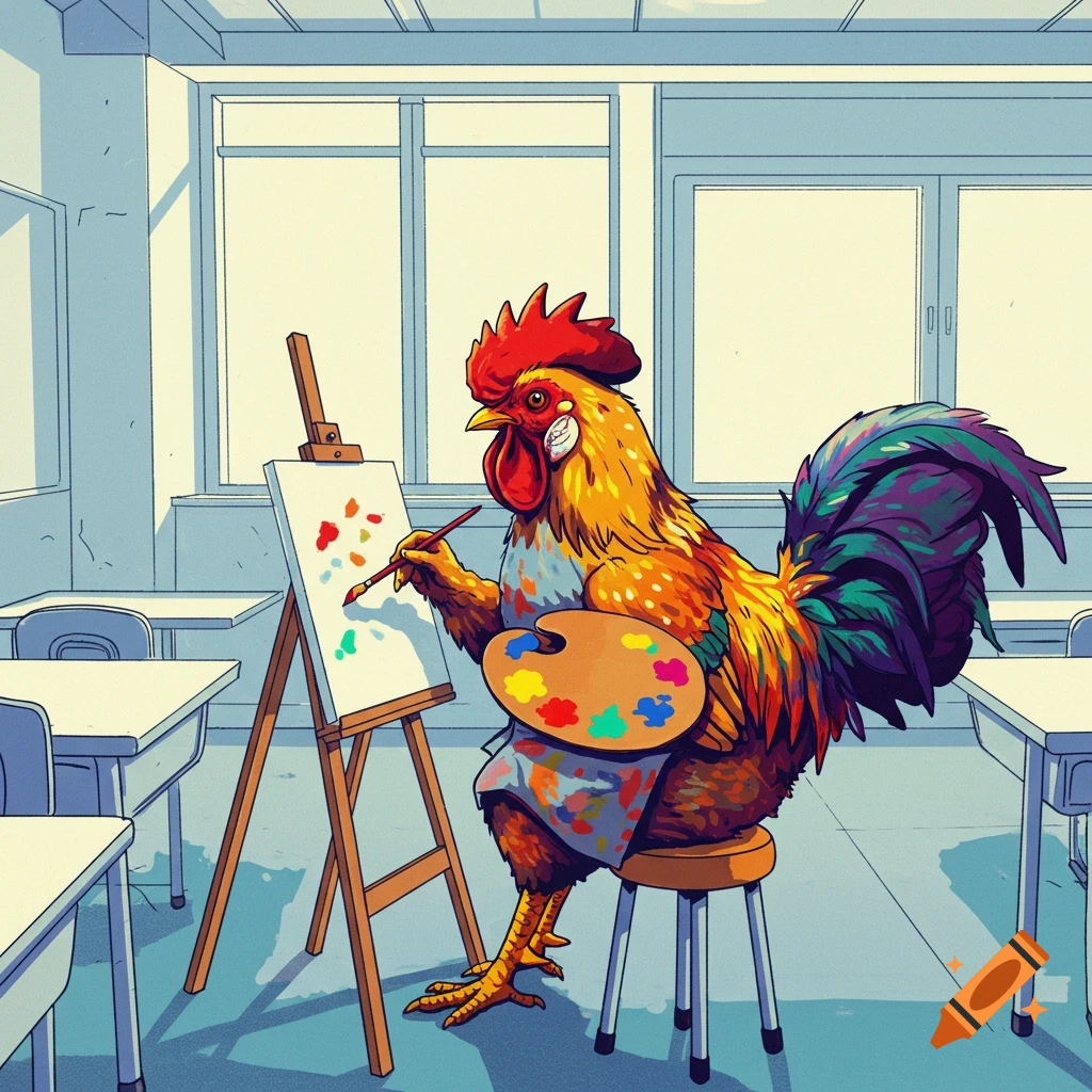A colorful pop art rooster sits on a stool in a classroom painting on an easel.