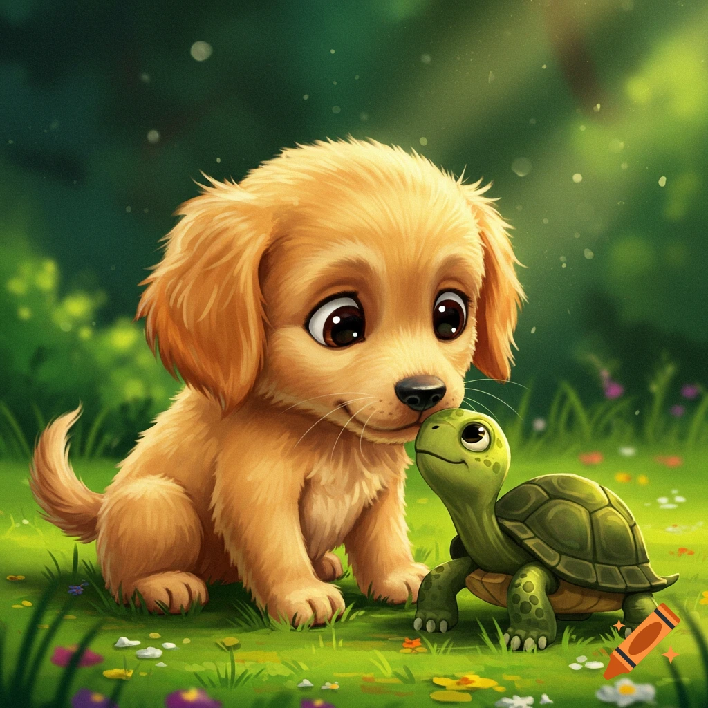 A cute cartoon puppy touches noses with a smiling turtle in a grassy field.