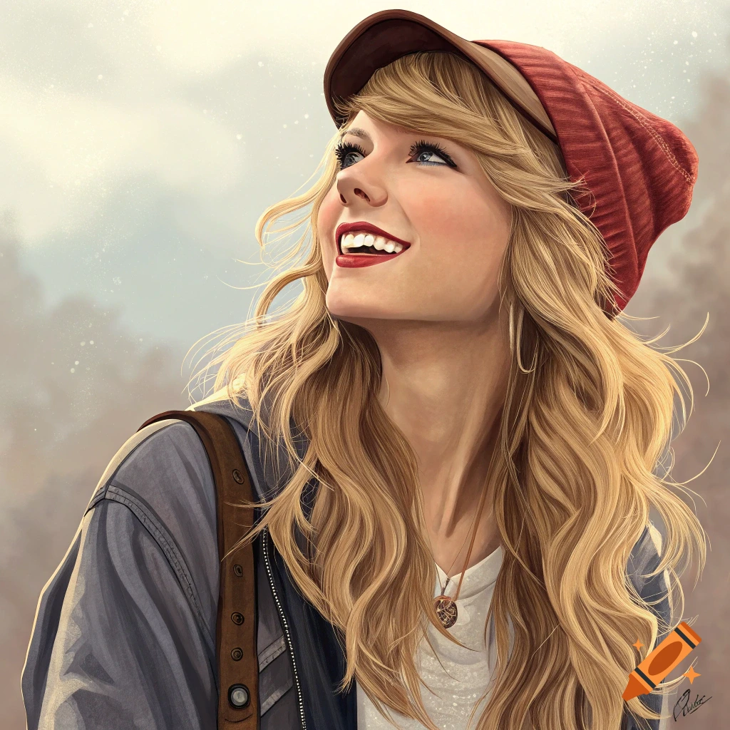 A woman resembling Taylor Swift is looking up and smiling.