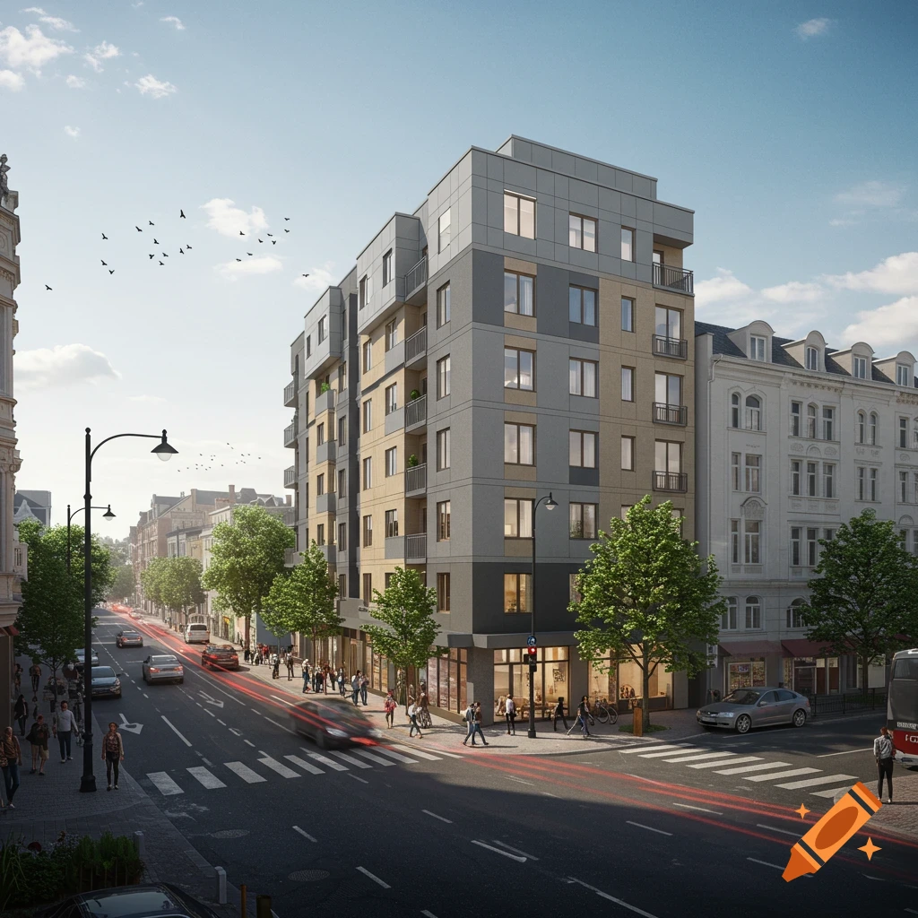 Rendering of a modern apartment building on a city street with pedestrians and cars.