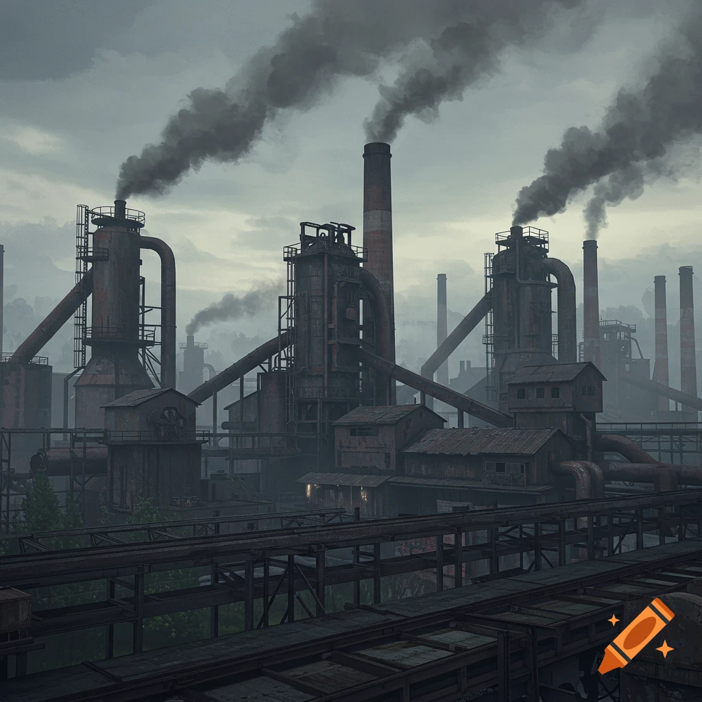 A large industrial factory complex with smoking chimneys under a cloudy sky.