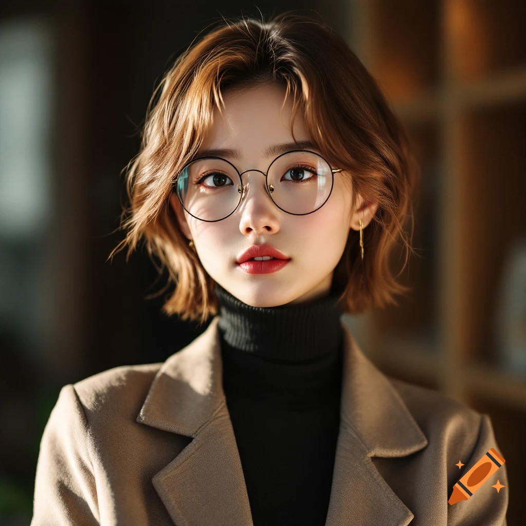 Close-up photorealistic portrait of a young woman with short brown hair and round glasses, wearing a black turtleneck and beige coat.