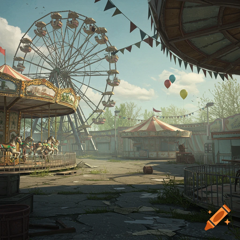 Abandoned carnival scene with ferris wheel and carousel