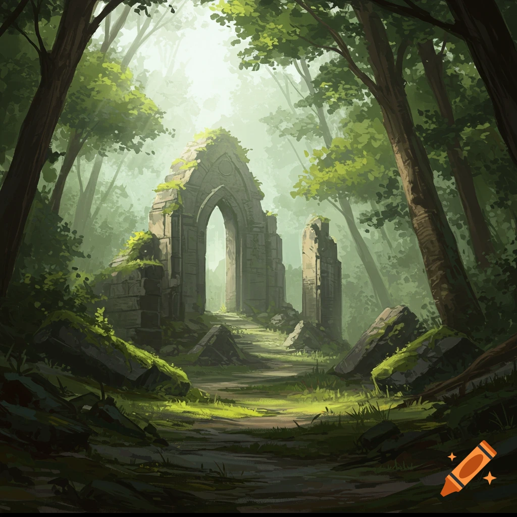 Ancient ruins in a sunlit forest clearing