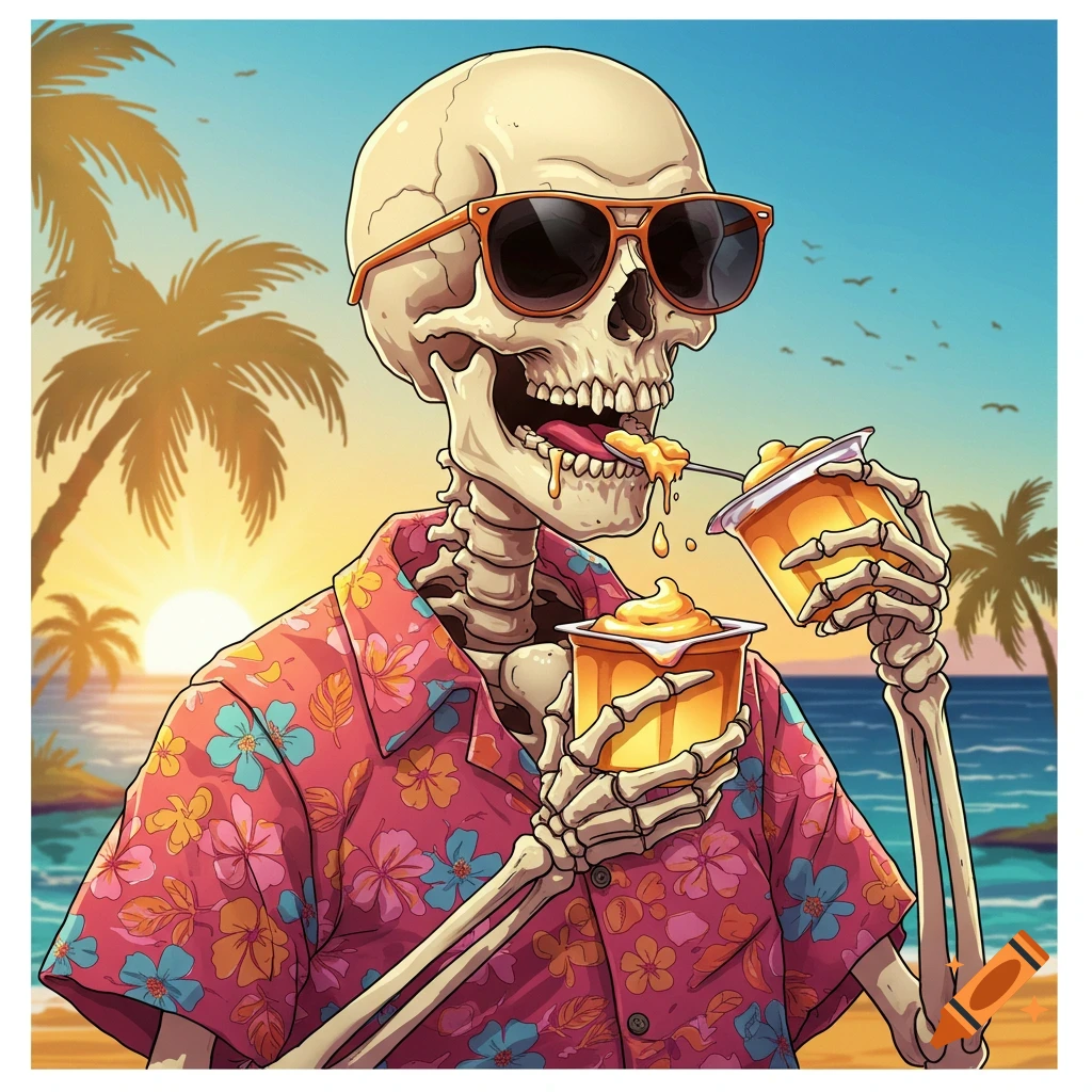 A skeleton in a Hawaiian shirt is eating pudding on a tropical beach at sunset.