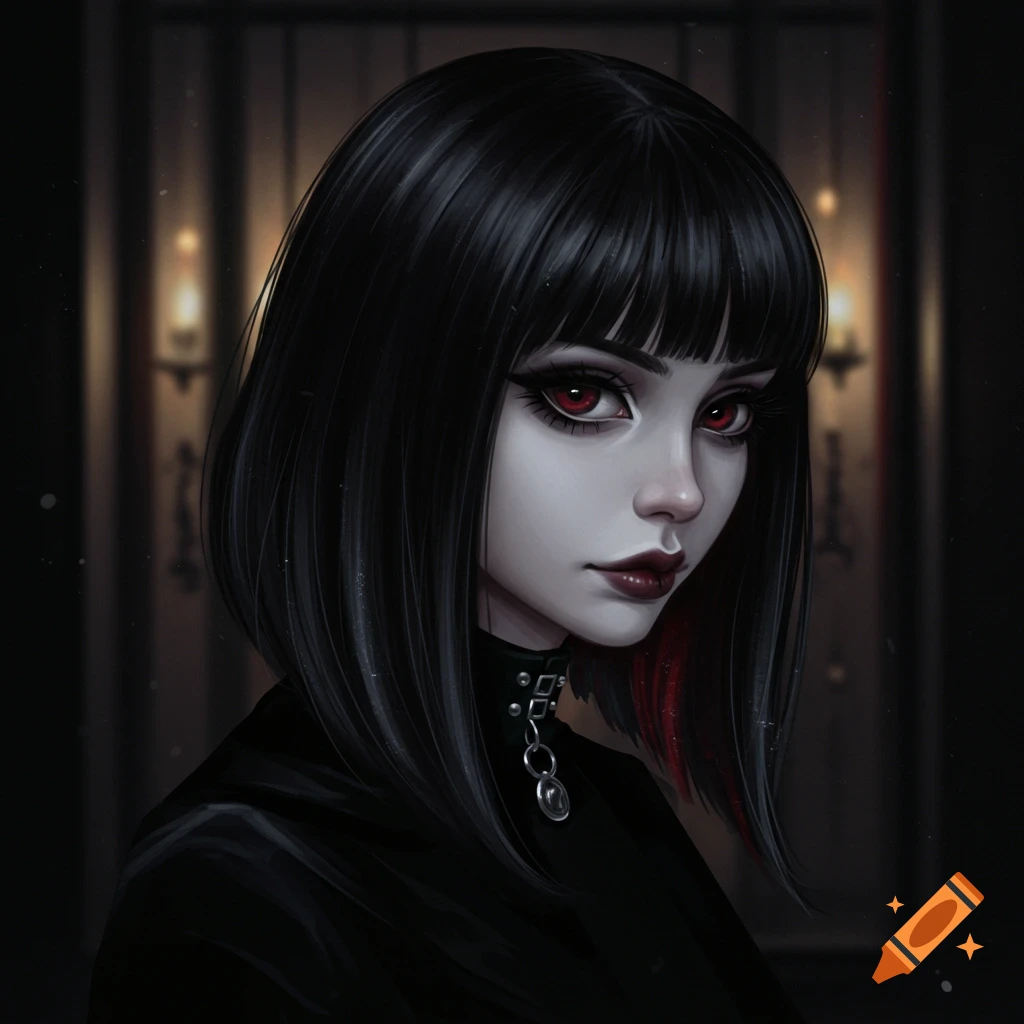 A goth girl with a hime cut, dark clothing, a choker, and striking red eyes.