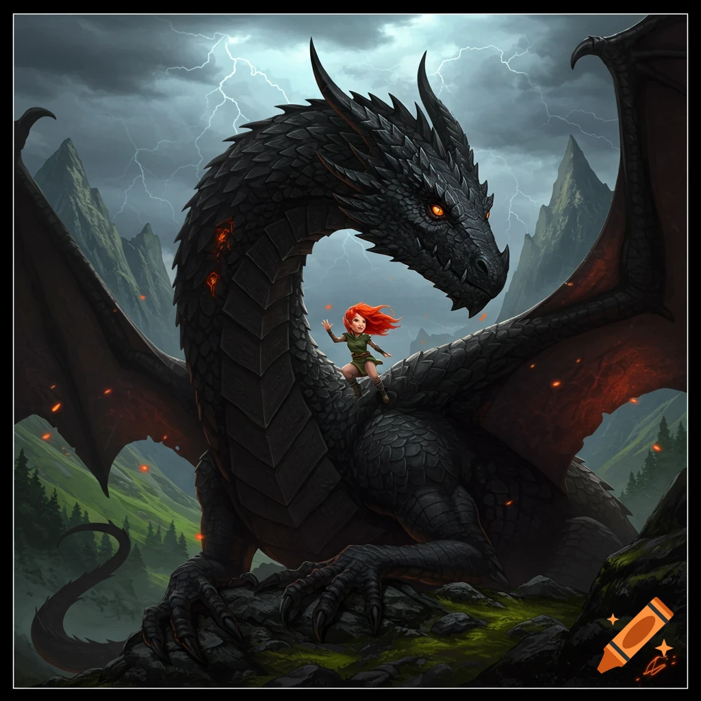 A red-headed girl riding a large black dragon in a stormy mountainous landscape.