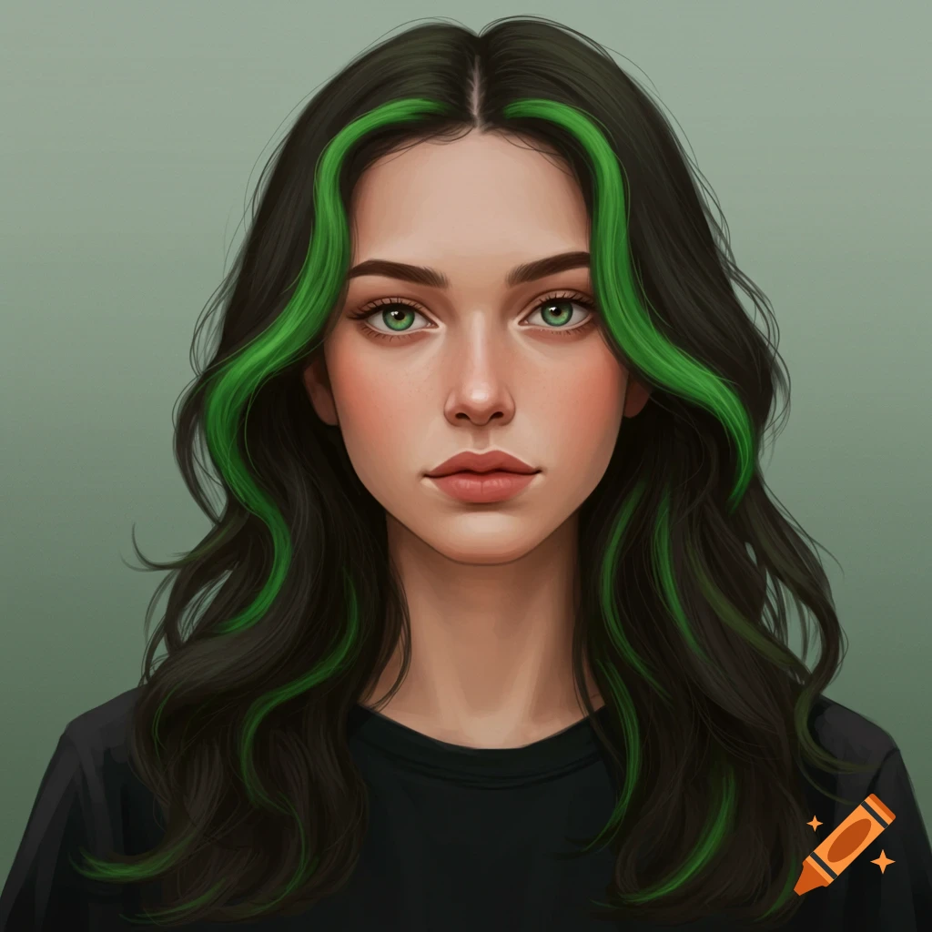 A woman with long dark hair and chunky green highlights, with green eyes.