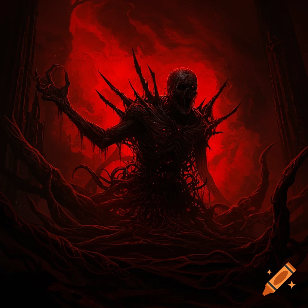 A skeletal, spiky demonic creature emerges from tendrils in a dark, blood-red horror scene, digital art.