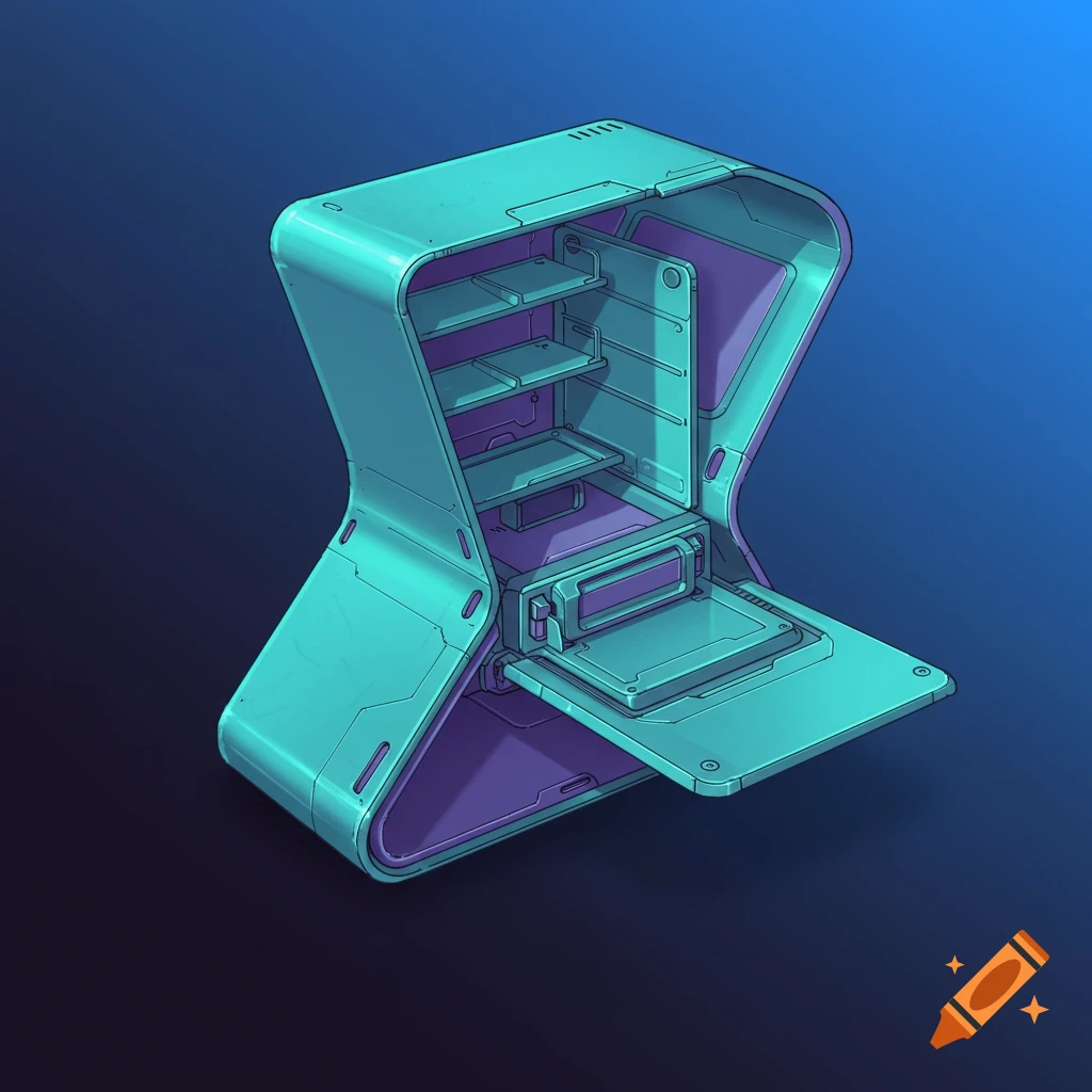 A futuristic box-like structure in turquoise and purple, open to show shelves and compartments.
