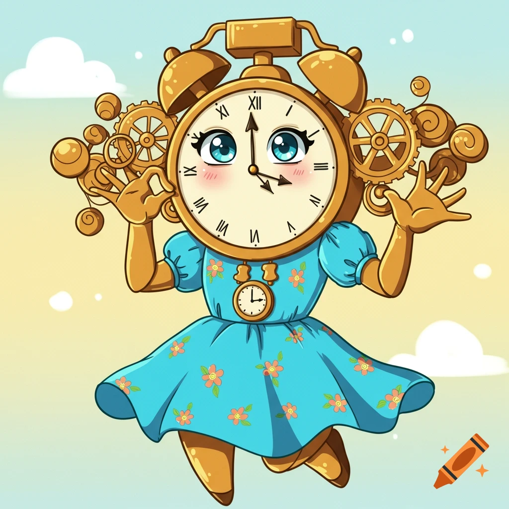 Cartoon anthropomorphic female clock character floating in a blue dress, surrounded by gears.