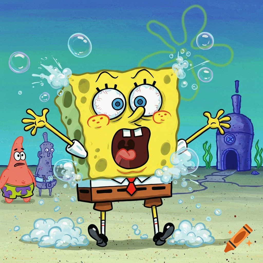 Cartoon illustration of Spongebob covered in bubbles looking scared, with Patrick and Squidward's house in the background.