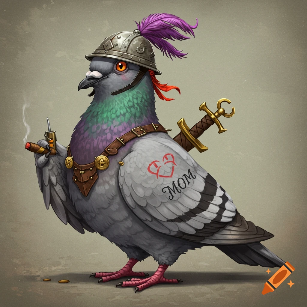 A pigeon warrior wearing a helmet and armor, holding a cigar, with a sword on its back and a MOM tattoo.